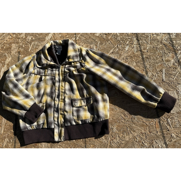 VTG 90’s Y2K Caren Sport Large Plaid Wool Bomber Jacket Brown Yellow Zip Front - Picture 2 of 9